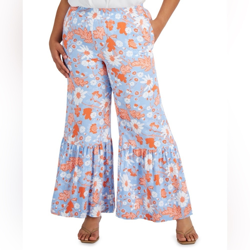 INC International Concepts Fatima Floral Wide Leg High Rise Ruffle Hem Pants NEW